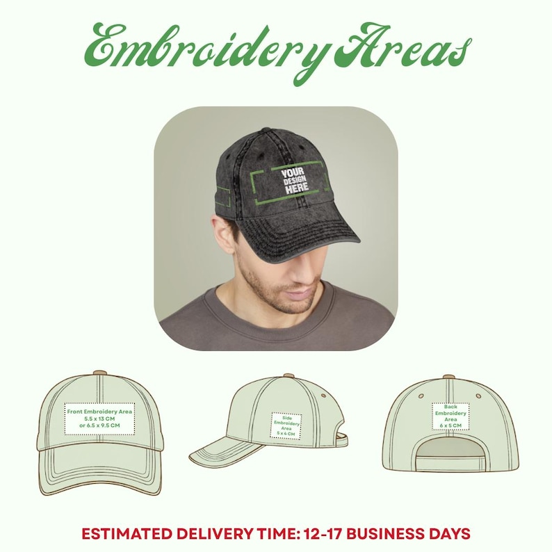 May include: A distressed black baseball cap with the text "YOUR DESIGN HERE" in a green rectangle. The image also shows the front, side, and back embroidery areas, with measurements of 5.5 x 13 CM or 6.5 x 9.5 CM, 5 x 4 CM, and 6 x 6 CM respectively. The text "Embroidery Areas" is at the top.