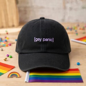 May include: Black baseball cap with the text "[gay panic]" embroidered in purple. The cap is displayed with a rainbow flag and other colorful accessories, suggesting an LGBTQ+ theme.