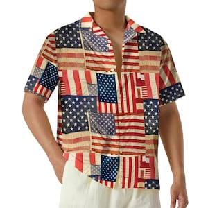 USA 250th Birthday Hawaiian Shirt, American Flag Patchwork Button Up, 1776–2026 Patriotic Aloha Shirt, 4th of July Outfit