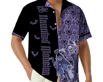 Haunted Mansion Hawaiian Shirt, Hitchhiking Ghosts Button Up, Purple Gothic Aloha Shirt for Men, Disney Halloween Trip Gift