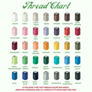 May include: A thread chart featuring a variety of thread colors, including white, pink, blue, and green. The chart displays the names of the colors, such as "White," "Pink," and "Blue." The text "Thread Chart" is at the top.