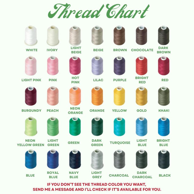 May include: A thread chart featuring a variety of thread colors, including white, pink, blue, and green. The chart displays the names of the colors, such as "White," "Pink," and "Blue." The text "Thread Chart" is at the top.
