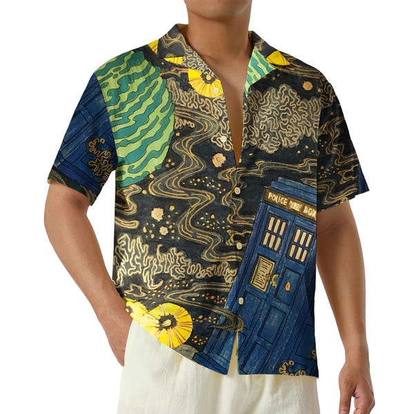 Retro Police Box in Space Hawaiian Shirt, Dr Who Comic Button Up Shirt, Doctor Who Fan Gift