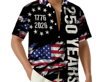 250 Years Hawaiian Shirt, Black Patriotic Shirt for Men, 1776 2026 USA Aloha Shirt, Independence Day Outfit