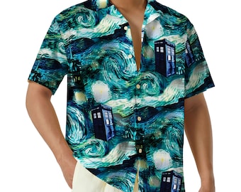 Doctor Who Hawaiian Shirt, TARDIS Starry Night Button Up, Sci Fi Time Travel Aloha Shirt, Whovian Gift