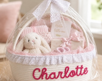 Cestino portaoggetti personalizzato per neonati, regalo personalizzato per baby shower, scatola portagiochi in maglia con nome per la cameretta.