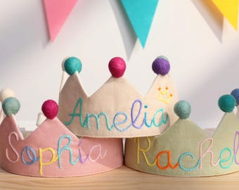 First Birthday Crown, Boy Girl Toddler Embroidered Linen Baby Crown, Personalized Keepsake Gift