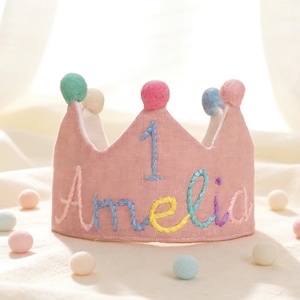 Corona para el primer cumpleaños, corona de lino bordada personalizada para bebé niño/niña, regalo de recuerdo.
