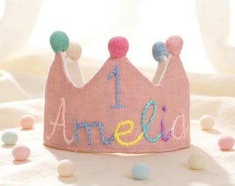 First Birthday Crown, Personalized 1st Boy Girl Toddler Embroidered Linen Baby Crown, Keepsake Gift