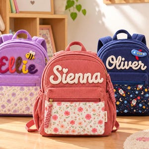 Mochila infantil personalizada de pana, mochila escolar para niños pequeños con nombre personalizado, mini mochila con estampado floral y espacial, regalo de Navidad personalizado para niños pequeños.