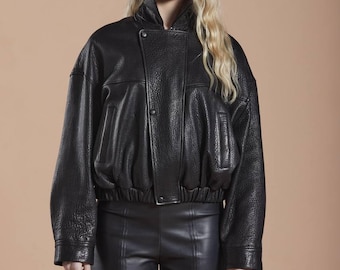 Genuine Jumbo Lambskin Leather Bomber Jacket, Minimalist Stand Collar Luxury Women’s Outerwear