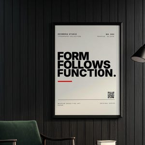 Arte tipografica Bauhaus: citazione incorniciata "La forma segue la funzione", Minimalismo (Codice QR)