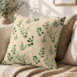 Watercolor Eucalyptus Pattern Pillow, Square Throw Pillow | Green Botanical Home Decor