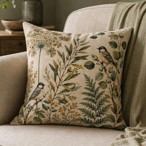 Vintage botanisch vogelkussen, cottagecore kussenset met wilde bloemen en natuurthema