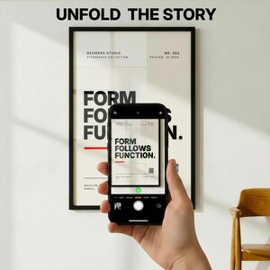 Macro view of the interactive QR code and GEOMERA Studio header on the NO. 002 print, emphasizing the smart-art technology and professional museum-series layout.