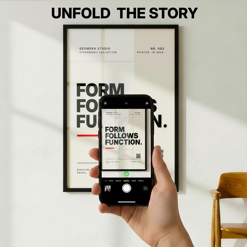 Macro view of the interactive QR code and GEOMERA Studio header on the NO. 002 print, emphasizing the smart-art technology and professional museum-series layout.