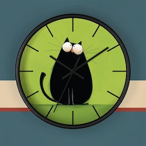 May include: A round wall clock with a black frame and a lime green face. The clock features a central illustration of a stylized black cat with large white eyes and thin whiskers. Black hour, minute, and second hands are positioned over the cat.