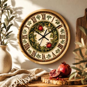 May include: A round wall clock with a light wood frame, featuring a cream-colored face with black Roman numerals and a central decorative illustration of green foliage and red pomegranates, complemented by three thin black clock hands.