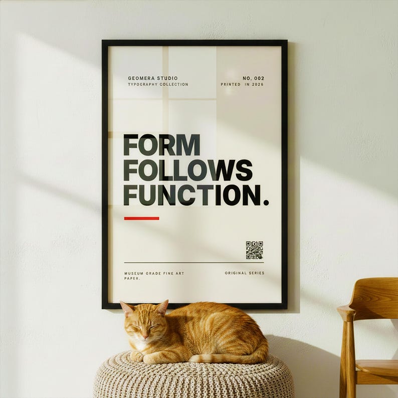 a framed poster with the text "FORM FOLLOWS FUNCTION." and a QR code, along with a cat sleeping on a woven ottoman in front of the poster.