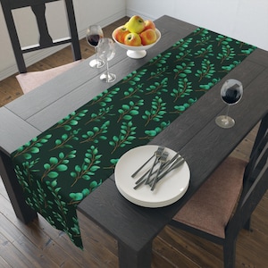 White Fern Pattern Table Runner | Black Botanical Leaves Dining Decor