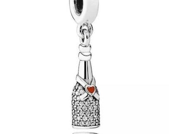 925 Sterling Silver champagne wine bottle celebration time dangle charm pendant-Pandora Style