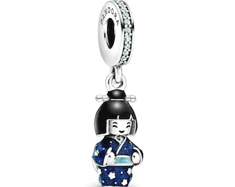 925 Sterling Silver Japanese Doll Blue Kimono Geisha Charm Pendant-Pandora Style