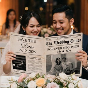 May include: A smiling couple holds a wedding announcement designed like a newspaper. The headline reads "The Wedding Times" with the date "15.12.2025" and "Forever Becoming Mr & Mrs". The announcement includes a photo and text.