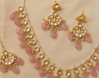 Handmade beaded pink stone statement necklace with earrings and maang tika for women festive