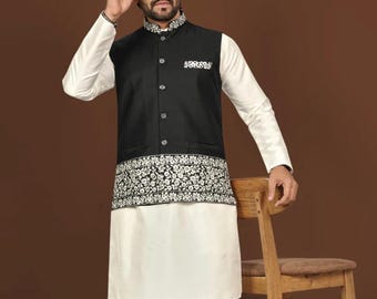 Designer koti with white kurta and pajama set for men : festive 3 piece outfits