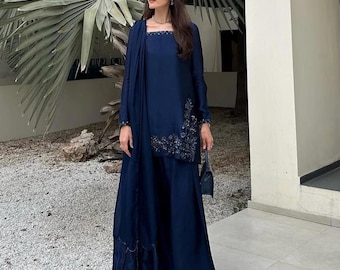 Embellished navy blue farshi suit with dupatta : Salwar kameez sets festive and daily wear