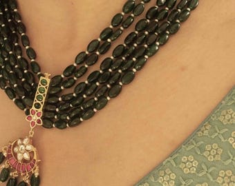 Handmade beaded green stone statement necklace with pearls and pendant for women