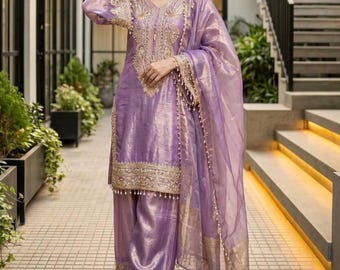 Heavy embroidered sequin kurta with palazzo and dupatta set for festive and party wear