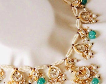 Handmade beaded stone statement necklace with pearls and pendant for women