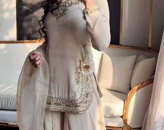 Embroidered Off White kurta palazzo with dupatta: Salwar suit sets for women Eid special