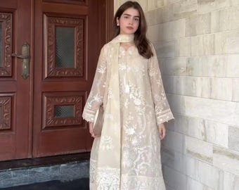 White Embroidered Long Kurta with salwar and dupatta set three piece dress Palazzo suit
