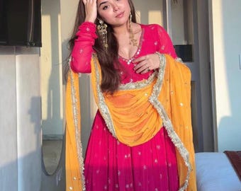 Contrast colour anarkali kurta set with dupatta and pants for women festive wear