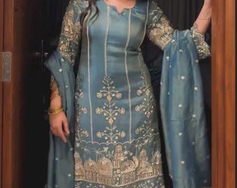 Shiny embroidered blue organza kurta with salwar and dupatta set for women festive wear