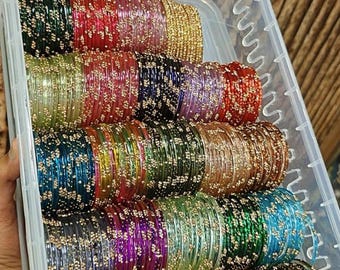 Multicolour jelly stone glass bangles 24 dozen combo with storage box.