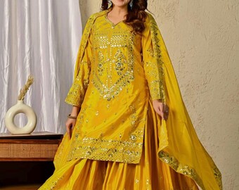Embellished sequin yellow sharara suit set : Salwar kameez dupatta set for women festive wear