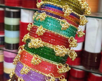 Multicolour kashmiri bangles set with ghungroo bangles in golden for wedding and festive wear