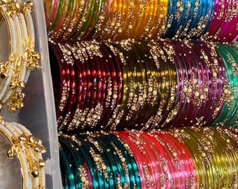 Multicolour stoned glass bangles with pearl ghungroo siders combo set for women