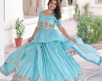 Hand embroidered sequin lehenga choli dupatta ethnic skirt top set for women festive wear