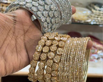 designer rhinestones golden & silver bangles set for festive and wedding wear