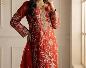 Embroidered orange salwar suit with dupatta kurta sets for women festive wear