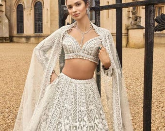Designer White bridal lehenga choli with dupatta set for women festive and party wear