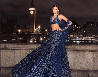 Embellished sequin lehenga choli set with dupatta for women party wear