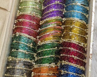 Multicolour raindrop bangles and ghungro bangles sets with organiser for festive or wedding wear