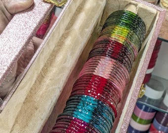Multicolour jelly glass bangles set with organiser box for women festive and party wear