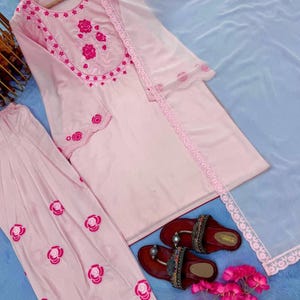 May include: A light pink embroidered salwar kameez set with a matching dupatta. The set features floral embroidery and lace trim. Brown sandals with embellishments are also visible.