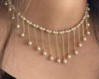 Handmade statement necklace with pearls and chains : choker necklace for women party wear